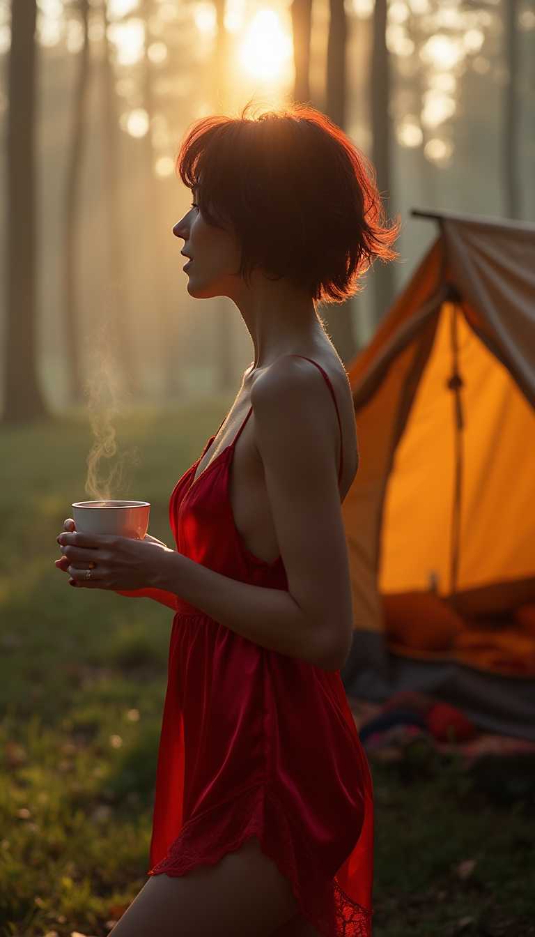 Capture a 40-year-old woman with **short, dark red, tousled hair** standing in profile in front of a **camping tent**. She is adorned in a **short, red satin babydoll** with delicate lace details, the fabric loosely flowing around her silhouette, highlighting her form in a **soft, diffused light**. In her **left hand**, she holds a **porcelain cup** with **steaming coffee**, the steam rising into the morning air. The **background** reveals a **foggy forest** that fades into the distance, with **golden morning rays** piercing through the treetops, casting **particles of mist** into a dance of light and shadow. **Artistic Style**: Realistic, with a **soft focus** on the vibrant red of her babydoll and hair, creating a **striking contrast** with the **muted, natural colors** of the forest. **Composition**: The woman is positioned slightly off-center, her profile facing right, creating a **dynamic tension** with the forest behind her. **Camera Angle**: A **slightly low angle** shot to emphasize the **height and grandeur** of the surrounding trees. **Mood and Atmosphere**: A serene, ethereal morning, with the **moody, foggy atmosphere** juxtaposed against the **warm, inviting light** of the sunrise, evoking a sense of **quiet solitude** and **peaceful reflection**. **Technical Aspects**: Utilize **selective focus** to blur the background, **bokeh effect** to enhance the mist, and **color grading** to accentuate the contrast between the red satin and the green forest.