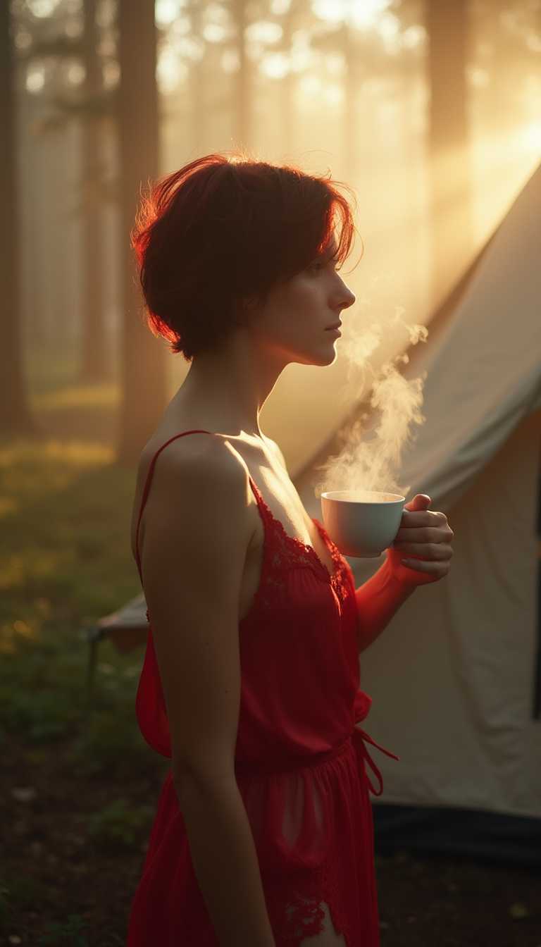 Capture a 40-year-old woman with **short, dark red, tousled hair** standing  in front of a **camping tent**. She is adorned in a **short, red satin babydoll** with delicate lace details, the fabric loosely flowing around her silhouette, highlighting her form in a **soft, diffused light**. In her **left hand**, she holds a **porcelain cup** with **steaming coffee**, the steam rising into the morning air. The **background** reveals a **foggy forest** that fades into the distance, with **golden morning rays** piercing through the treetops, casting **particles of mist** into a dance of light and shadow. **Artistic Style**: Realistic, with a **soft focus** on the vibrant red of her babydoll and hair, creating a **striking contrast** with the **muted, natural colors** of the forest. **Composition**: The woman is positioned slightly off-center, her profile facing right, creating a **dynamic tension** with the forest behind her. **Camera Angle**: A **slightly low angle** shot to emphasize the **height and grandeur** of the surrounding trees. **Mood and Atmosphere**: A serene, ethereal morning, with the **moody, foggy atmosphere** juxtaposed against the **warm, inviting light** of the sunrise, evoking a sense of **quiet solitude** and **peaceful reflection**. **Technical Aspects**: Utilize **selective focus** to blur the background, **bokeh effect** to enhance the mist, and **color grading** to accentuate the contrast between the red satin and the green forest.