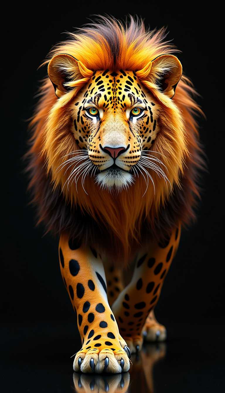 A realistic photo of a The lion with the fiery mane, made entirely of crystals and diamonds. Its fur should consist of shining facets that reflect light, and the spots should be made of black onyx or dark gemstones. The eyes should sparkle as if made of emeralds or yellow sapphires. The leopard is in a dynamic pose, as if moving forward, and the background is black in the style of a fashionable, expensive shoot