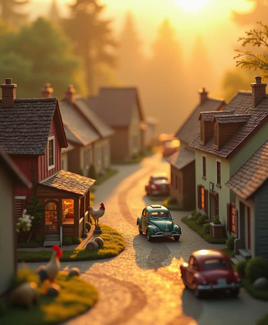 A peaceful miniature town at sunrise, warm golden light shining over tiny houses and streets, a small bakery opening its doors, a rooster on a tiny farm, vintage cars parked, soft morning mist in the air, highly detailed diorama, ultra-realistic lighting, cinematic depth of field