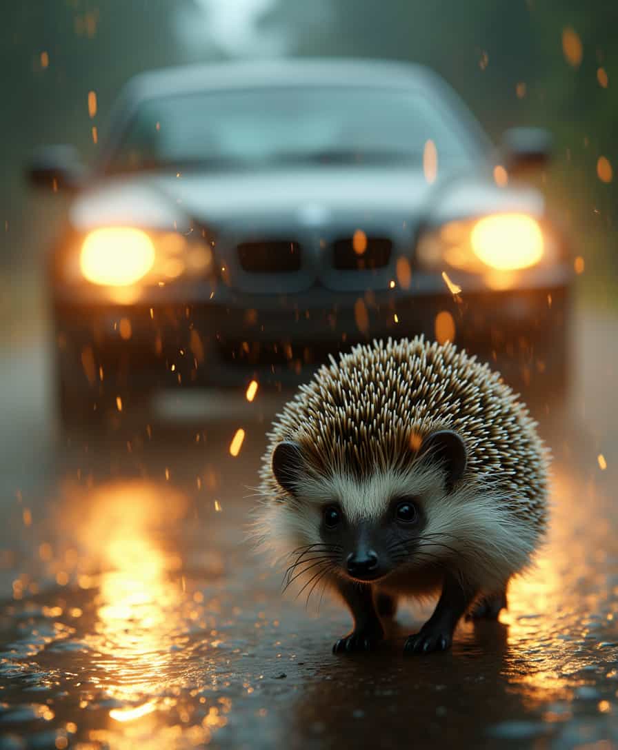 A speeding car with its headlights shining brightly races down a wet road. Rain droplets scatter as the car moves, creating a dynamic and intense atmosphere. The small hedgehog stands frozen in the foreground, eyes wide with fear. The image captures tension and motion.













