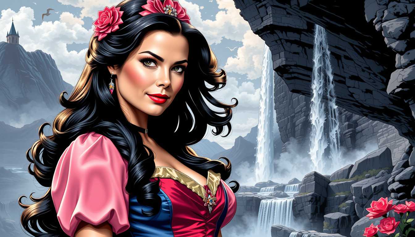Brooke-LoRA-Zip, Snow White portrayed by Brooke Burns, embracing vintage fashion, raven-black long hair flowing, ink pen illustration mimicking a comic book style, seamlessly double exposed with an ethereal castle setting including rugged rocks and a cascading waterfall, encapsulating Luiza Lima's delicate aesthetic touch, crafted as a vector design in 4k resolution for an ultra-detailed digital painting, delicate lines, vector shadows, high contrast, vibrant yet muted palette, intricate textures, Luiza Lima style, digital art