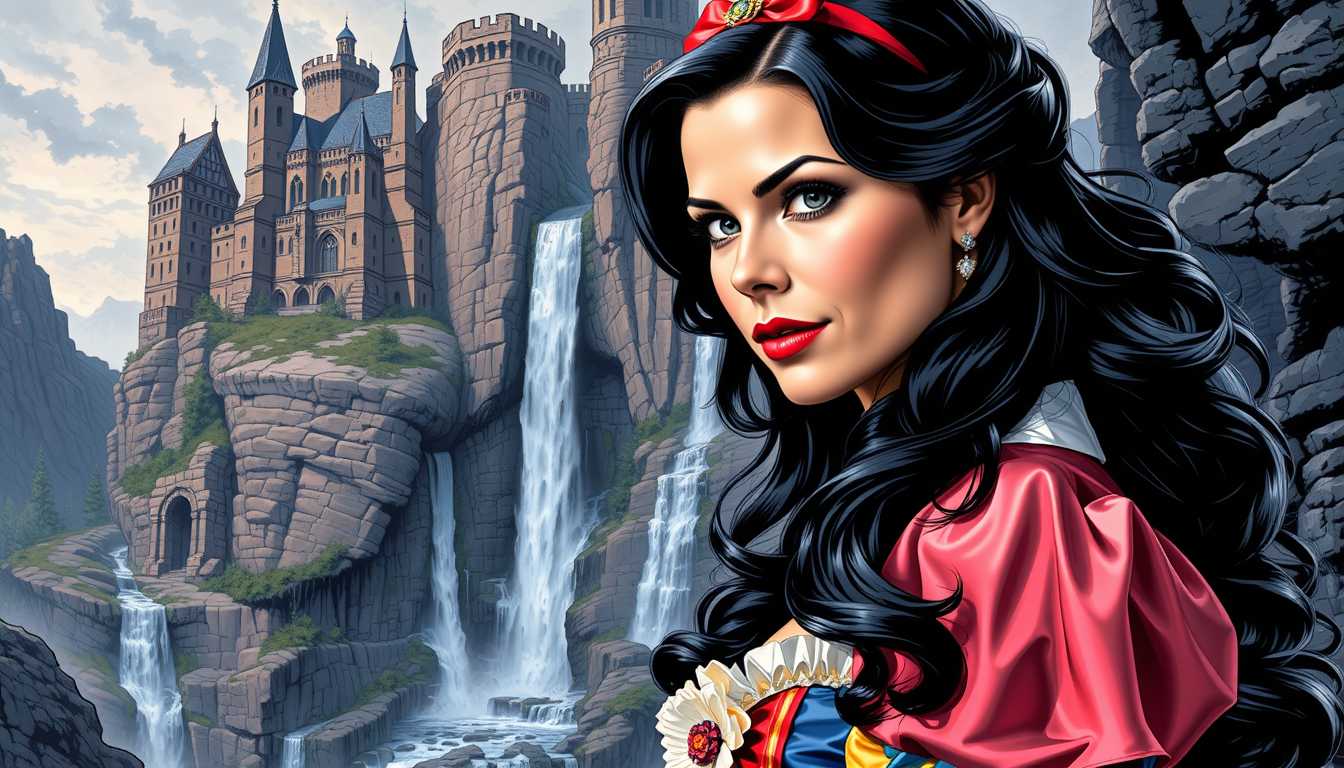 Brooke-LoRA-Zip, Snow White portrayed by Brooke Burns, embracing vintage fashion, raven-black long hair flowing, ink pen illustration mimicking a comic book style, seamlessly double exposed with an ethereal castle setting including rugged rocks and a cascading waterfall, encapsulating Luiza Lima's delicate aesthetic touch, crafted as a vector design in 4k resolution for an ultra-detailed digital painting, delicate lines, vector shadows, high contrast, vibrant yet muted palette, intricate textures, Luiza Lima style, digital art