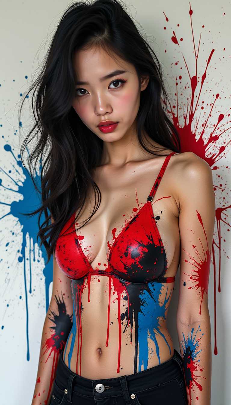 ink splats, A young Korean female artist with a rebellious yet captivating expression, her gaze intense and filled with creative passion. Her upper body is coated with bold, high-contrast paint splashes in deep reds, blacks, and electric blues, dripping and bursting outward as if she is a living canvas. The ink splatters erupt from her movements, dynamically spreading across the scene. The background consists of abstract brush strokes and chaotic ink drips, reinforcing the raw and energetic artistic theme. Captured in a close-up professional photography style, the image emphasizes the intensity of her expression and the striking textures of the paint on her skin.