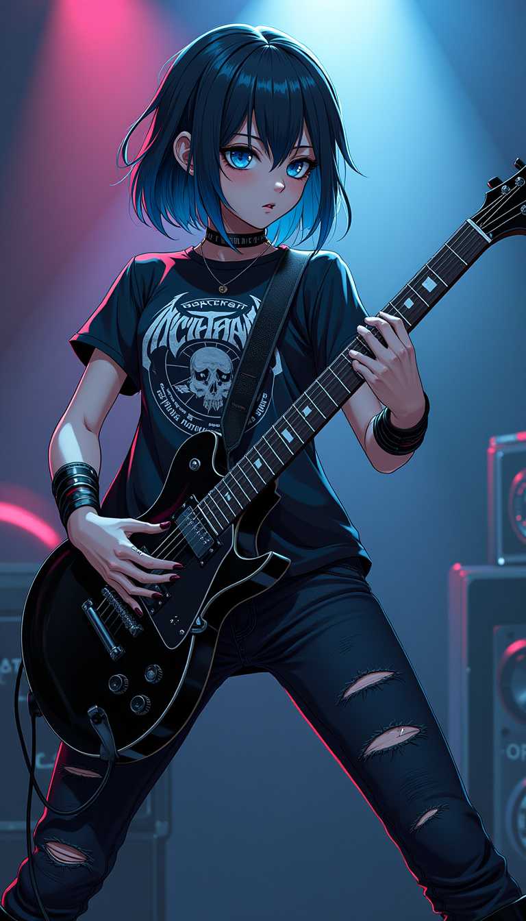 anime-inspired semi-realistic. Playing at an underground music even, the lead guitarist, a 22-year-old female goth, shredding a guitar solo under a spotlight. She is 5'2" with a petite yet athletic build, small-medium breasts, pale skin, and shoulder-length striking black hair with electric blue highlights. Her eyes are icy blue with heavy black eyeliner. She wears a black metal band T-shirt, ripped skinny jeans, black knee-boots. Incorporate bold, eye-catching clothing with a fusion of goth and metal aesthetics. Facially express confidence, playfulness, and a hint of mischief.  