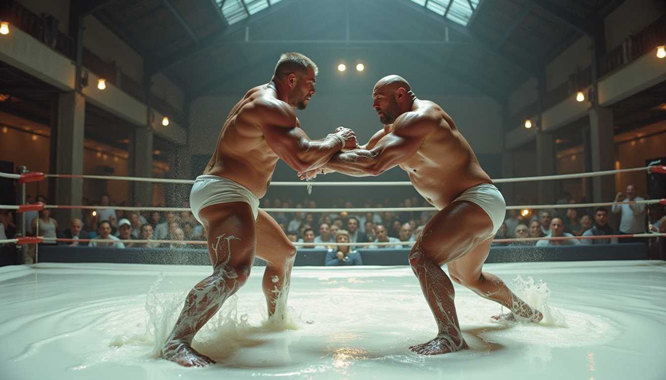 maxxbull. perfection style.  This image ultra close-up shot, hi-contrast, vivid color 35mm film photo.
Ultra detailed, hyper realistic. Two massive muscular bodybuilders wear white thong step onto the slippery white oil-slicked pit, with glistening sheen. Their muscles, coated in a thin layer of white oil, shine intensely under the high bare ceiling lights. The match begins, and they grapple fiercely, their powerful grips slipping as white oil drips from their skin. One fighter lunges, but his footing fails, sending him sprawling. The other seizes the moment, wrapping his arms around his rivalist waist, lifting him briefly before both crash into the slick terrain. Covered in oil, they struggle for dominance, their breaths heavy, muscles straining until one finally pins the other, victorious in this intense battle. The backdrop is a renovated factory, clean and vast, with a shallow white oil wrestling ring in the center surrounding a cafe.
