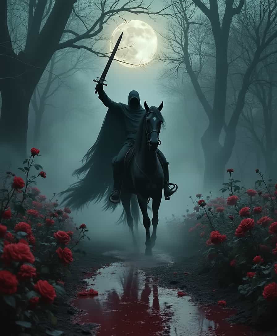 headless horseman riding a ghostly black horse through a dense forest at midnight, the moon giving of the light, the riders cape trailing through the fog. The rider holds a sword up to the air. Gothic horror with dark tones and heavy use of shadows.looking toward the viewer, getting ready to swing the sword, huge dark creepy rotten tree as the background, on a puddle made out of blood,  The scene is awash in blood red splatters and dripping textures, creating an eerie, nightmarish atmosphere , [ ( Terrifying nighttime horror photograph)]
 stretches endlessly, roses and vines twist throughout the field, some sporting withered, decayed, rider without head