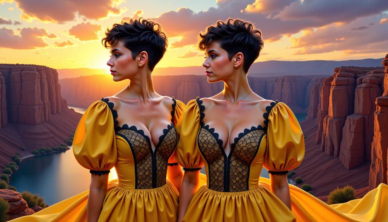 Create a digital painting that features two figures against a stunning sunset backdrop. The figures are adorned in **matching golden yellow gowns with black lace detailing** on the bodice and puffed sleeves, evoking a regal and ethereal essence. One have a black supershort pixiecut, razor short over ears and on the nape, the other have long black wavy hair. They are twins. They looks at the viewer.

- **Art Style:** Digital oil painting with a high degree of realism and detail. 
- **Brushwork:** Smooth, fluid strokes to capture the texture and movement in the clothing and hair, with subtle variations in line weight to suggest depth and form.
- **Lighting:** Employ masterful use of light and shadow, with the sunset casting a warm glow on the figures, creating dramatic silhouettes against the rugged canyon landscape.
- **Color Palette:** Use rich, vibrant colors with a harmonious balance of warm sunset tones against cooler canyon blues and greens. Highlight the golden yellow of the gowns to draw attention.
- **Composition:** Position the figures centrally with the canyon landscape extending behind them, creating a sense of depth. Use a **low horizon line** to emphasize the grandeur of the sky, with the sun setting on the horizon, casting a radiant glow across the scene.
- **Atmosphere:** Capture a serene yet majestic mood, with the time of day being late afternoon transitioning into evening, the weather calm with a gentle breeze indicated by the slight movement of the gowns.
- **Technical Aspects:** Utilize digital painting software to achieve a seamless blend of colors, realistic light and shadow play, and detailed textures in the lace and fabric of the gowns. Apply techniques like **chiaroscuro** to enhance the dramatic lighting effect.

The background should include:
- A majestic canyon with towering cliffs and a winding river reflecting the sunset colors.
- A sky painted with a gradient of warm oranges, yellows, fading into cooler blues and purples, with the sun setting on the horizon.