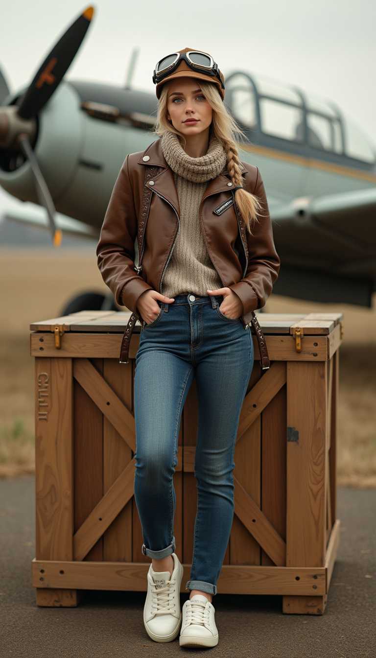 She is approximately 18 years old.she is standing, a vintage aircraft is in the background.  Hyperrealism, she is looking at the camera, (dynamic angles), headshots of a beautiful, stunning unique female character.  she has blonde hair. her eyes are filled with joy and excitement, extravagant eyelashes, a photo of Anastasia, a woman with blue eyes, wearing a brown leather jacket and a brown hat with goggles and leather jeans, posing for the camera. She is wearing a scarf and has a braid. The photo is in a sepia tone, giving it a vintage feel. The background is blurry, focusing on Anastasia as the main subject. She has a slight smile on her face and is looking directly at the camera. making this image a masterpiece of photography and digital art. realistic. making this image a masterpiece of photography and digital art. Style: realistic hyper-detailed rendering, 32k UHD, expressive eyes, punk, graphic design, girl's face, pretty and cute, gleaming lips, telling a tale of adventure. Exuding confidence and serenity. The overall mood of the image is happy and relaxed,detailed skin texture,(blush:0.2),(goosebumps:0.3),subsurface scattering,whimsical,Detailed hand, Perfect hand. Perfection style. is posing on a large wooden crate. On the crate is written "fly with CivitAI". she is wearing white sneakers. She is wearing a denim jeans. The scene is set outdoors, with a vintage plane visible in the background. The photo is taken in a close-up shot, focusing on  Anastasia legs and feet.. making this image a masterpiece of photography and digital art. realistic. making this image a masterpiece of photography and digital art. Style: realistic hyper-detailed rendering, 32k UHD, expressive eyes, punk, graphic design, girl's face, pretty and cute, gleaming lips, telling a tale of adventure. Exuding confidence and serenity. The overall mood of the image is happy and relaxed,detailed skin texture,(blush:0.2),(goosebumps:0.3),subsurface scattering,whimsical,Detailed hand, Perfect hand. Perfection style.