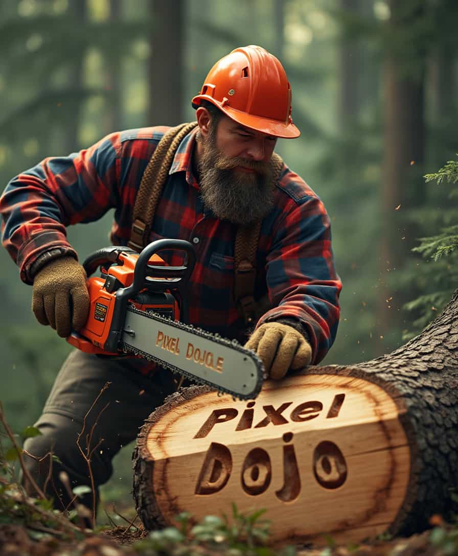 Lumberjack, running a chainsaw, carving message into fallen tree, "Pixel Dojo", strong, plaid, woodland setting, volumetric lighting, high quality,perfection style