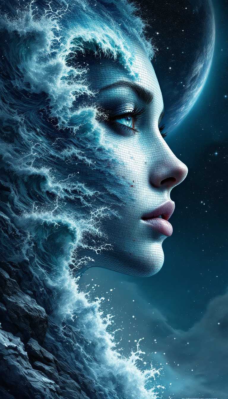 A fantastical artwork features a woman's face composed of a mosaic of square tiles. The left side of her visage melds seamlessly into a stormy ocean scene, with waves forcefully colliding against the shoreline. The predominantly blue and gray color palette cultivates an enigmatic and atmospheric ambience. The woman's serene and reflective expression is complemented by the harmonious fusion of nature and human elements within the composition.
scifi, Revelation Space series, Pattern Jugglers, Nostalgia for Infinity, turquoise ocean planet, Scorp the hyperpig, Conjoiner settlements, with such advanced technology that it might as well be magic,
A sleek, titanium-hulled spaceship, dubbed 'Warp Drive Vessel,' hurtles through the cosmos with a streamlined design and industrial-inspired flair. Mud flaps on its underside add a rugged touch to its otherwise polished appearance, glistening under the soft glow of nearby stars.