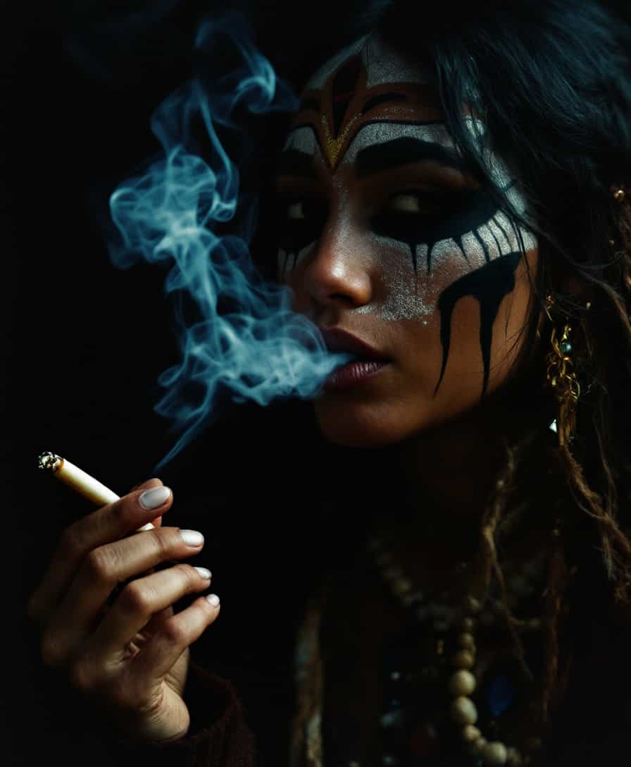Photo of a native american woman smoking a cigarette. tribal facepaint, wispy smoke, holding cigarette,  film photography aesthetic, film grain effect prominent throughout image, high contrast lighting creating dramatic shadows, grainy film-like texture