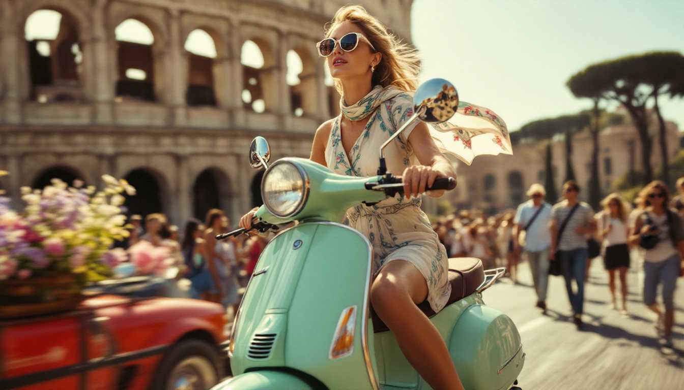A snapshot of a mint-green Vespa zipping past the Colosseum, the driver’s silk scarf trailing behind her in the breeze. Her cat-eye sunglasses reflect the pale Mediterranean sky, while a bouquet of wildflowers peeks from the scooter’s basket. Tourists in striped shirts and camera slings gather near the ancient ruins, bathed in golden light. The photo’s edges fade to a soft cream, as if capturing a fleeting moment of La Dolce Vita., high contrast lighting creating dramatic shadows, grainy film-like texture, professional photography technique, dramatic chiaroscuro lighting effect 
