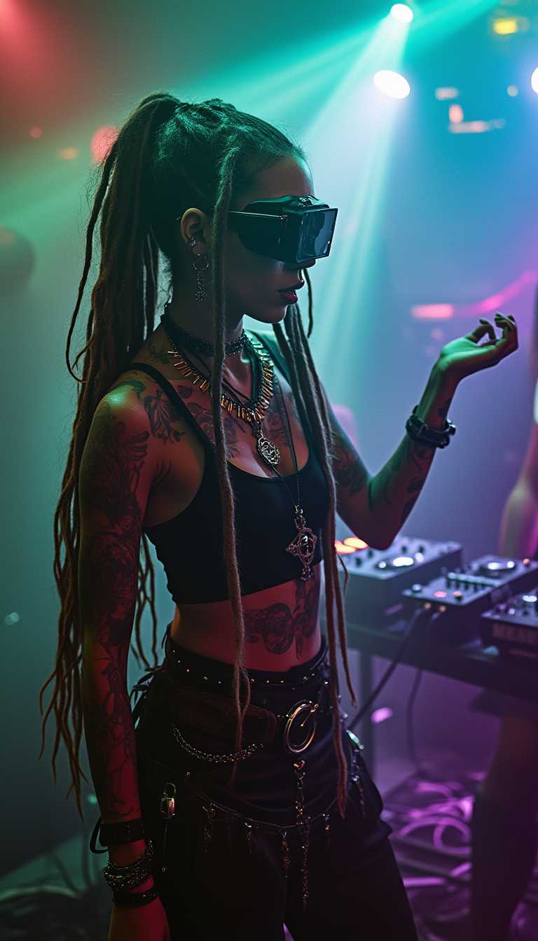 PsychadelicChaos, Dimly lit nightclub nightclub pulsates with thumping electronic beats. A gorgeous industrial goth girl with dreadlocks and colorful clothes dancing in a club, tattooed cybergoth girl with lots of occult jewellery, dreadlocks, and a pair of cyber goggles, film photography aesthetic, film grain effect prominent throughout image, high contrast lighting creating dramatic shadows, grainy film-like texture