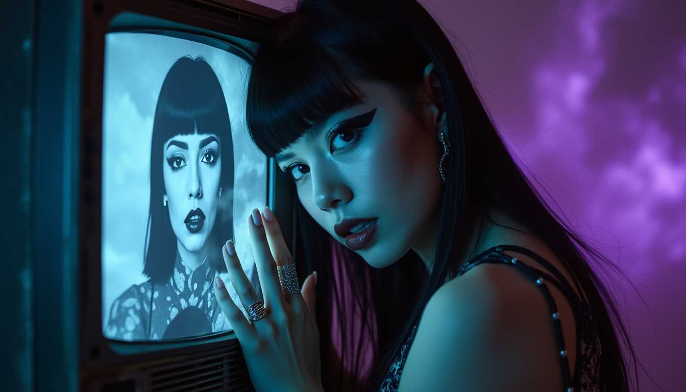woman, late 20s, sleek black hair with blunt bangs, wearing a patterned sleeveless top, dark eyeliner, glossy lipstick, multiple silver rings and ear piercings, poised with her left hand touching an old television screen displaying her face in monochrome, ambient blue lighting, shadows adding depth to her features, the background shows hints of purple light resembling a storm, image displays a surreal atmosphere, slightly blurred details, high contrast. film photography aesthetic, film grain effect prominent throughout image, high contrast lighting creating dramatic shadows, grainy film-like texture, professional photography technique, dramatic chiaroscuro lighting effect