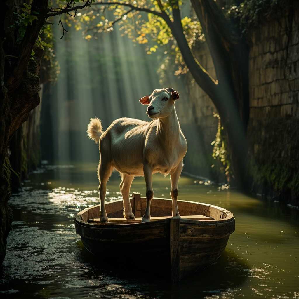 Goat on a Boat in Sunlit Canal