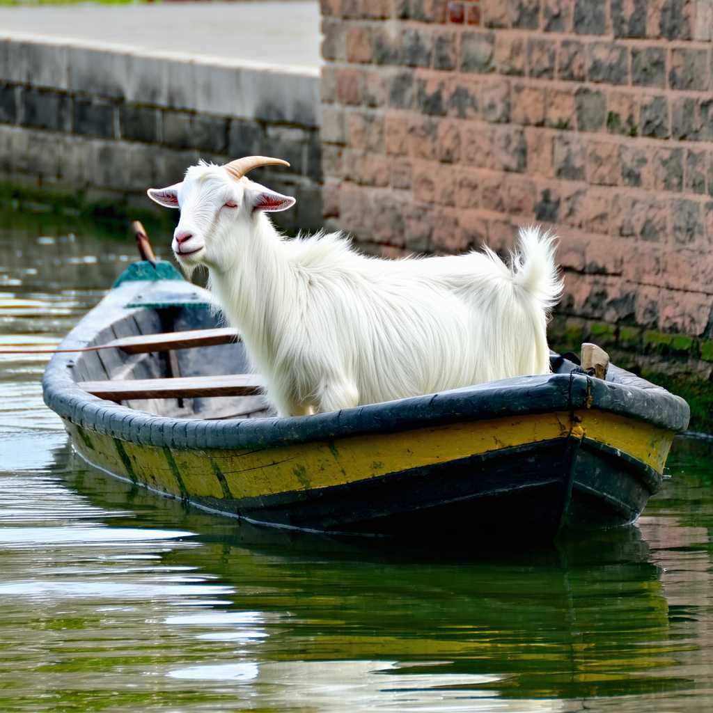 a goat in a boat in a moat