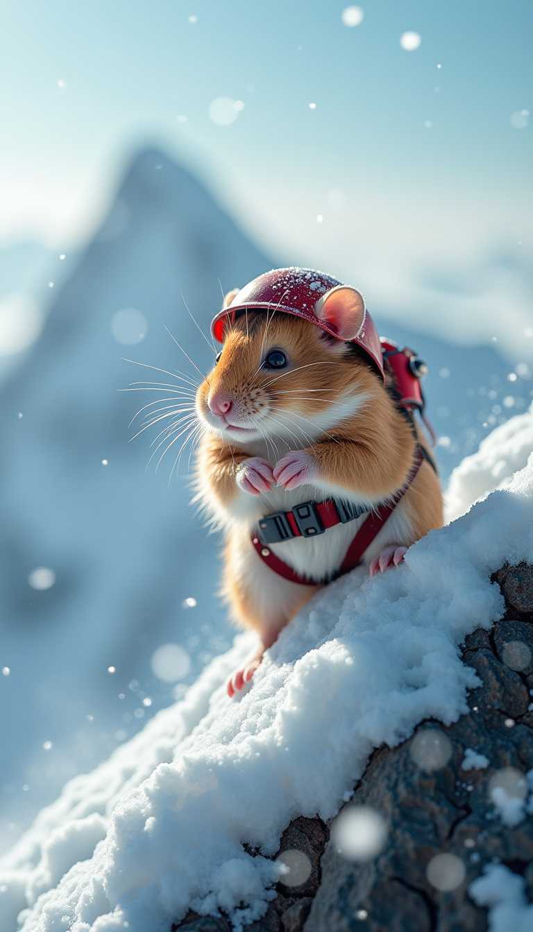 A small, fluffy hamster, its soft fur ruffled by the strong winds, climbs to the top of a snow-covered mountain, its tiny paws grasping onto the rugged, ice-encrusted rocks as it battles against the heavy storm, equipped with miniature climbing gear, including a tiny helmet, harness, and rope, the snowflakes falling thick and fast around it, shrouding the mountain peak in a veil of white, with the hamster's bright, beady eyes fixed determinedly on the summit, its tiny nose twitching as it sniffs the icy air.