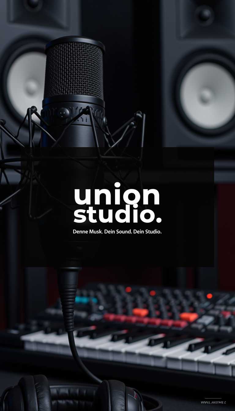 Image is a promotional poster for 'Union Studio,' featuring a professional audio recording setup. Central to the composition is a large, black microphone with a black mesh head, positioned prominently in the foreground. Behind the microphone, there are two large studio monitors with a sleek, modern design , white membran .  In the lower section, a keyboard and a pair of black over-ear headphones rest on a desk, suggesting a music production environment. The text 'union studio.' is displayed in bold, white lowercase letters on a black rectangular background, with the tagline 'Deine Musik. Dein Sound. Dein Studio.' beneath it in smaller font. . The overall color scheme is a mix of dark tones with subtle highlights, emphasizing a professional and creative atmosphere.