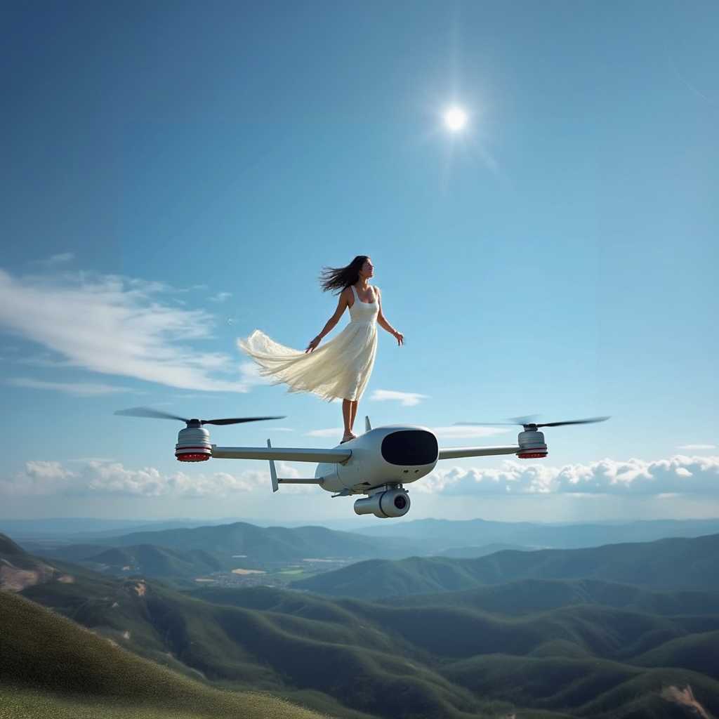 a photo of ALEMAP woman, in a flowing white dress standing on top of a drone