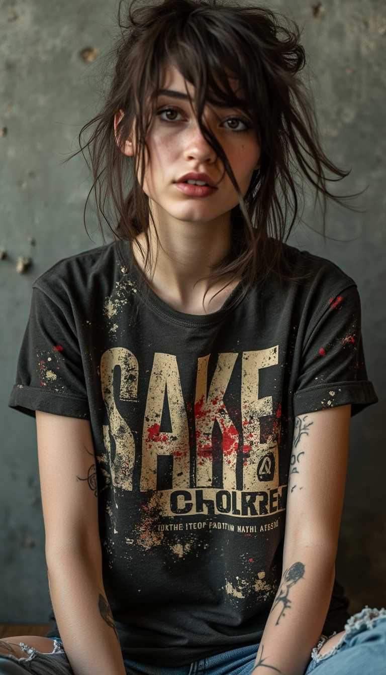 A young Slavic woman with a rocker edge sits casually, wearing a grunge-inspired T-shirt with a striking print—bold, distressed typography skillfully blended with chaotic textures, abstract shapes, and faded graphic elements. The design feels raw and authentic, embodying the rebellious spirit of grunge culture. Her messy hair slightly falls over her face, and her smudged makeup adds to her effortlessly cool look.