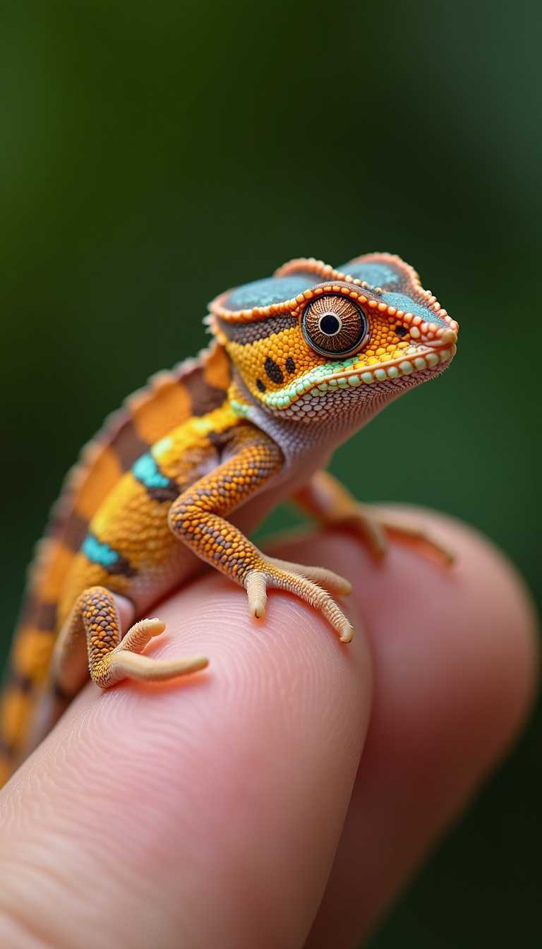 Capture a close-up shot with a shallow depth of field, showcasing a tiny, finger-sized chameleon gripping gently onto human fingers. Highlight the vibrant colors and textured scales, with soft shadows enhancing its delicate tail and small, curious eyes. Background blur adds depth, focusing on its intricate patterns.
