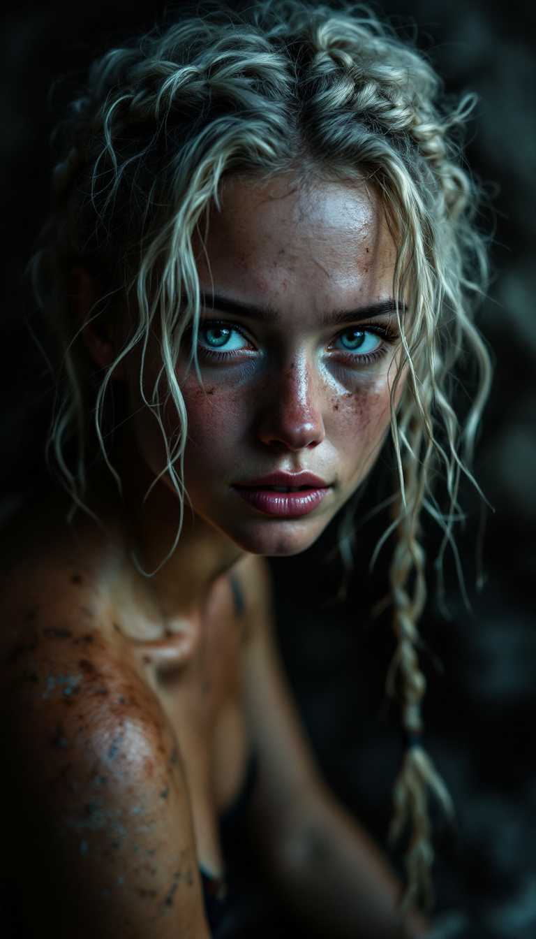 A gritty, high-contrast cinematic keyframe of an attractive young woman with a round, tear drop face and long curly white blond hair in a messy braid (dimpled cheeks and chin), working in the mines, sweating, bra made of a cloth wrap, with a shallow depth of field, featuring a blurred background and a subject in focus, evoking a sense of intimacy and drama. Inspired by the works of Maciej Kuciara, Jama Jurabaev, and Wojtek Fus, this image blends the richness of cinematic color grading with the timeless charm of film photography. The color palette is a mix of deep, muted tones with bursts of vibrant colors, reminiscent of Kodak Porta 400 and Cinestill 800 film stocks. The lighting is moody and cinematic, with subtle vignette and bokeh effects that draw the viewer's attention to the subject. The overall aesthetic is filmic, with a grainy texture that adds to the image's emotional depth. The composition is carefully balanced, with negative space used effectively to create a sense of tension and atmosphere.