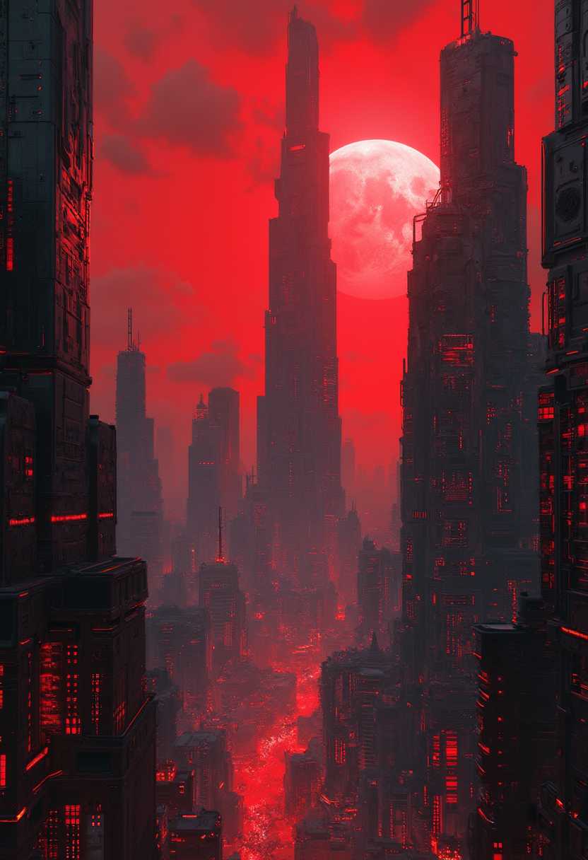 CAICO, nvinkpunk black and red theme, detailed image, This is a digital artwork in the style of ckgr, the image is featuring a sci-fi cityscape of colossal buildings and towers, black and gunmetal grey alloy surfaces with high-end circuitry, red glowing diodes and lights, large depth of field. The sky is an ominous red, with a moon hanging low in the horizon