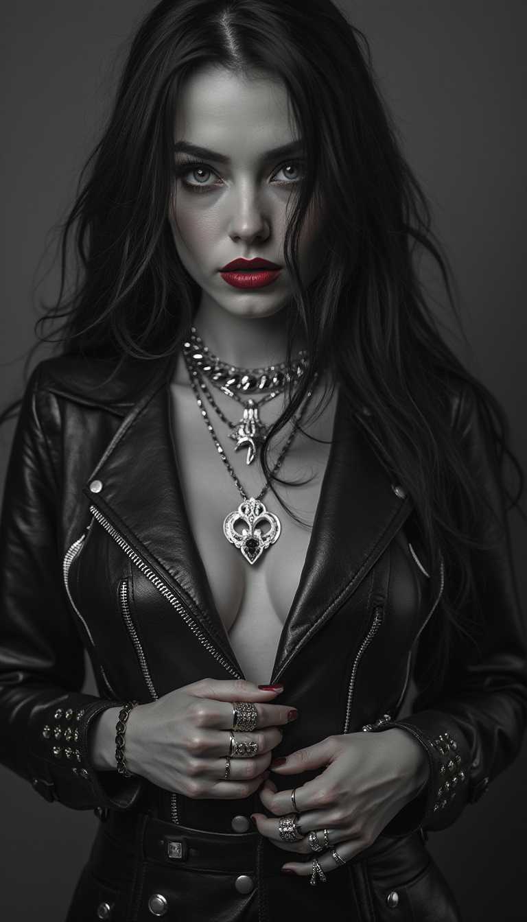 Centered, Noir poster, full body shot from head to toe of stunning escort girl in a leather outfit, gothic punk, Chiaroscuro, nearly black and white with red lips, Gothic fantasy, rings, bracelets, necklaces, chains, massive jewelry, leather outfit, an image in the artistic style of Frank Miller and Robert Rodriguez, professional photography, magnificent, alluring and attractive image, a combination of dark fantasies and gangsters, long loose hair, UHD, perfect body and eyes, wide-open pupils, sharp gaze, dark lips, light teasing smile, perfect, strict, flawless face, makeup, gloomy fantasy, overly detailed. , centered, wide angle lens, panoramic,