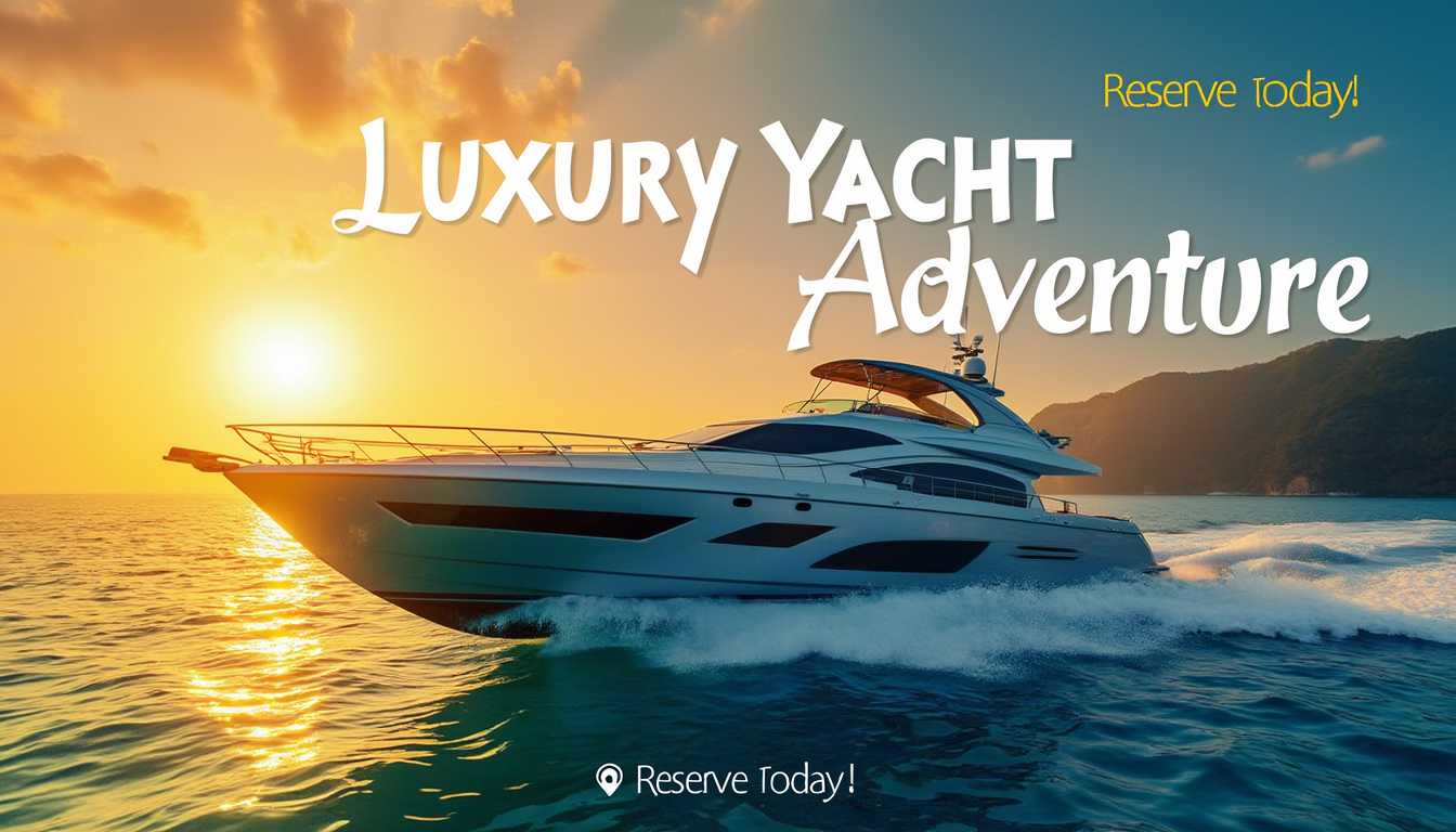 Create a stunning and engaging thumbnail featuring a luxurious yacht sailing on crystal-clear waters under a golden sunset. The scene should evoke adventure, freedom, and exclusivity. Add a dynamic composition with a sleek, modern font displaying the bold title: 'Luxury Yacht Adventure – Book Now! ⛵✨'. Include a subtle yet compelling call-to-action, such as 'Reserve Today!' in a contrasting color for visibility. The design should be vibrant, high-quality, and visually captivating to attract travel enthusiasts and adventure seekers.
