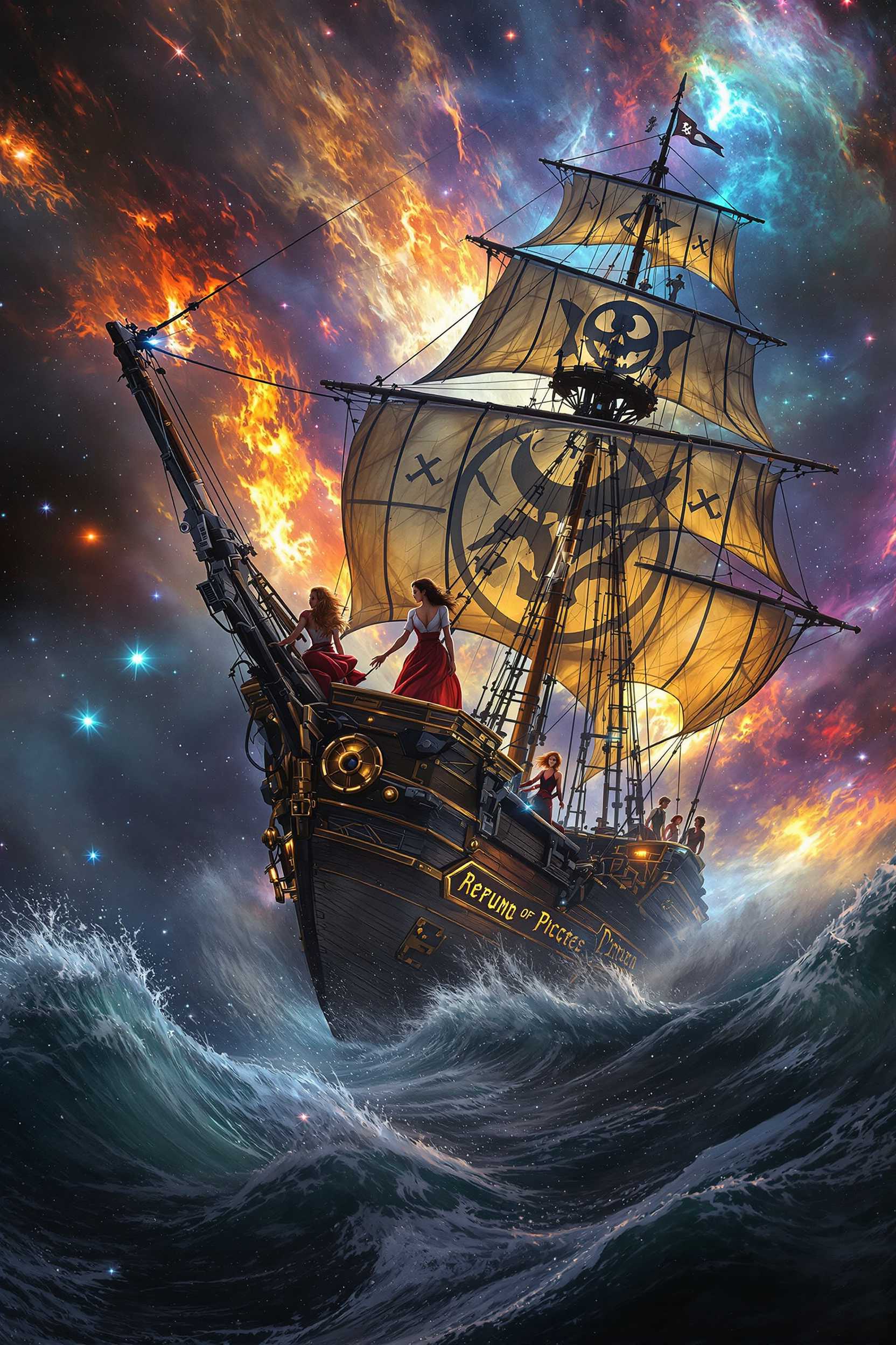 women in peril, aidmaimageupgrader, a high quality digital image of a metagalactic pirate ship traveling through hyperspace, born of science