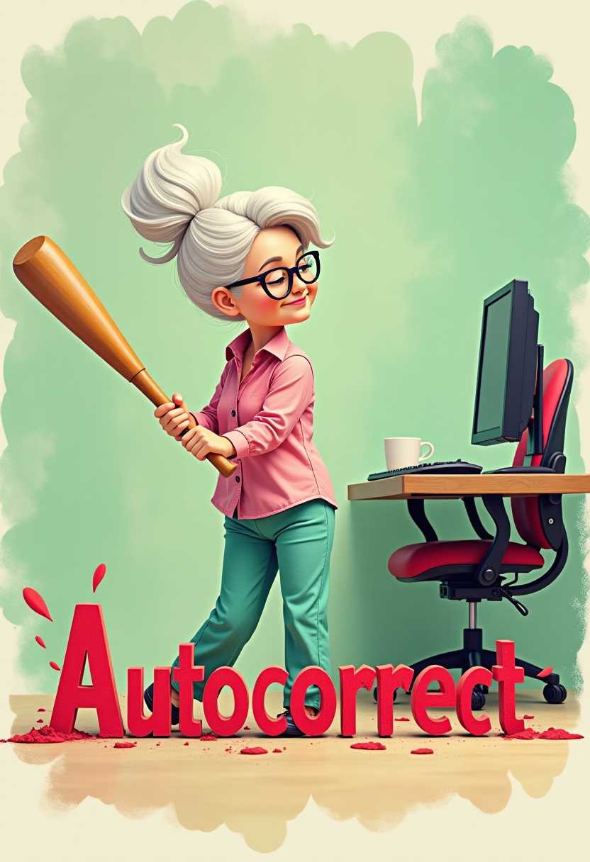 Whimsical air brushed, grandma figure with white hair in a full messy bun and glasses. She wears a colorful pastel shirt and coordinating pants.  She is swinging a wooden baseball bat. She has been smashing the giant red word "Autocorrect" , that is on the floor. Bg muted greens watercolor and a computer table and chair.