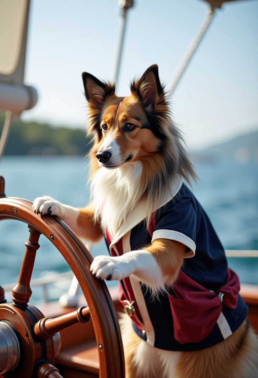 Sheltie on a sailing yacht at the helm that steers the sail yacht through beautiful waters Legs of the Sheltie at the helm Sheltie dressed in captains outfit