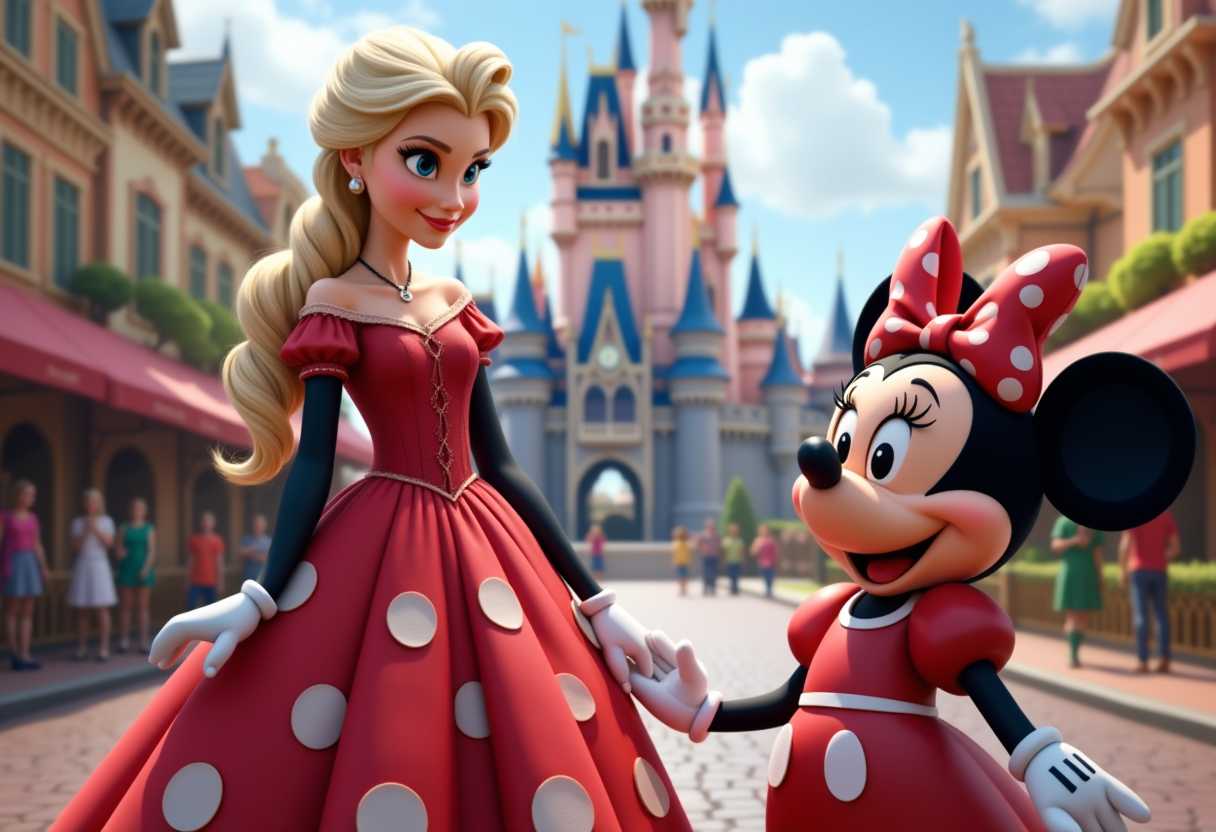 Airbrush art, 3D art: Princess Elsa as Minnie Mouse at Disneyland. She wears a red dress with white polka dots and black gloves. She stands on the streets of Disneyland Paris. She has blonde pigtails, and Minnie Mouse from Mickey Mouse is next to her. All in a hyperrealistic style. High-resolution digital art. Art similar to that of Carl Barks.