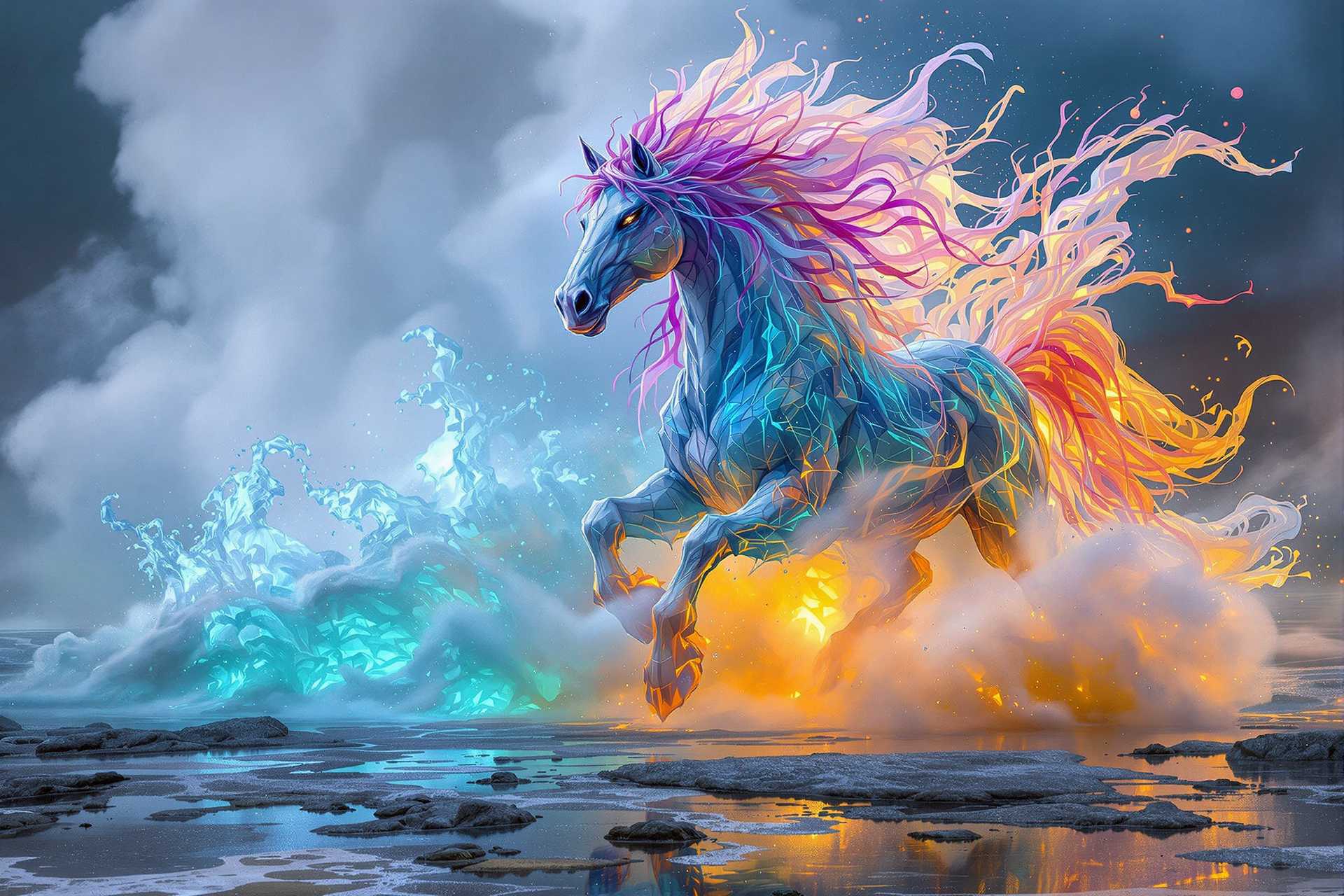 A majestic elemental horse emerges directly from a Yellowstone geyser, its body forming from steaming, mineral-rich water erupting into the sky. Its powerful form is textured with encrusted mineral deposits, giving it an ancient, otherworldly appearance. Molten colors of iridescent blues, purples, and fiery oranges flow across its body, resembling the geothermal pools below. Its mane and tail swirl like liquid fire and mist, blending seamlessly with the erupting geyser 