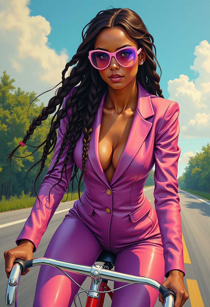 airbrush acrylic vibrant painting of a beautiful lady with full braids hair. she is wearing a matching suit with Googles.  dynamic pose on bike by Josephine wall
