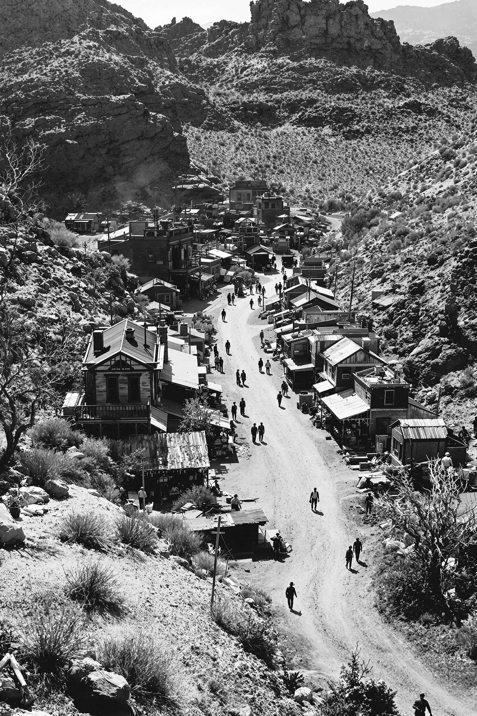 realistic photograph monochrome western arizona ghost town black and white, 1800's photo with minimal water damage, arial from mountain side