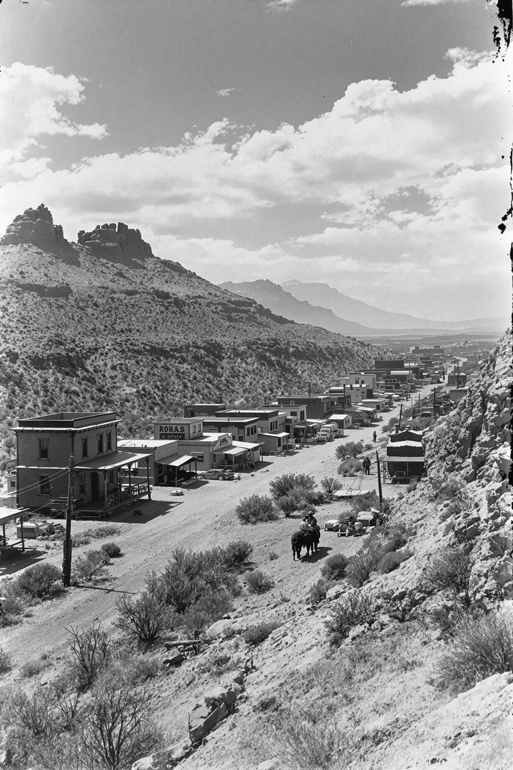 realistic photograph monochrome western arizona ghost town black and white, 1800's photo with minimal water damage, arial from mountain side