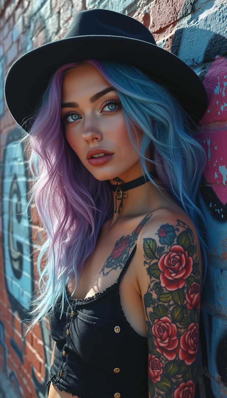 A captivating, hyper-realistic pop digital masterpiece fusing charcoal and unrefined graphite, masterfully crafted by artist Eve. The artwork unveils a striking boho woman with cascading baby blue, purple, and rose-colored hair, standing against a vibrant graffiti-laden urban backdrop in Paris. Her edgy urban outfit reveals intricate rose and heart tattoos, while a sleek hat crowns her ethereal locks. A dramatic spotlight pierces through the scene, casting shadows that dance with light, intensifying her mysterious aura. Her piercing blue eyes mesmerize, evoking a profound sense of love and longing in this electrifying, surreal composition brimming with raw emotion.