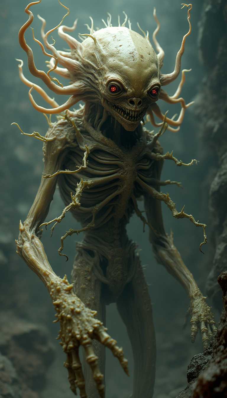 An extremely bizarre and otherworldly monster, its form defying conventional biology. Its face is an amalgamation of shifting, unrecognizable features—constantly morphing, as if reality itself struggles to define its existence. Its skin is a pulsating, translucent membrane, revealing glimpses of writhing tendrils and shifting bones beneath.Multiple asymmetrical appendages extend from its grotesque body, some resembling jagged insect-like limbs, while others ooze and twist like amorphous, liquid flesh. Its eyes—if they can be called that—appear and vanish unpredictably, glowing with an unsettling, alien light. Strange, bioluminescent patterns flicker across its surface, pulsating in an erratic rhythm, as if transmitting an incomprehensible message.The creature exists in a state of flux, partially phasing between dimensions, its outline distorting and glitching like a corrupted digital entity. It radiates an aura of pure, incomprehensible horror, evoking a primal fear of the unknown.