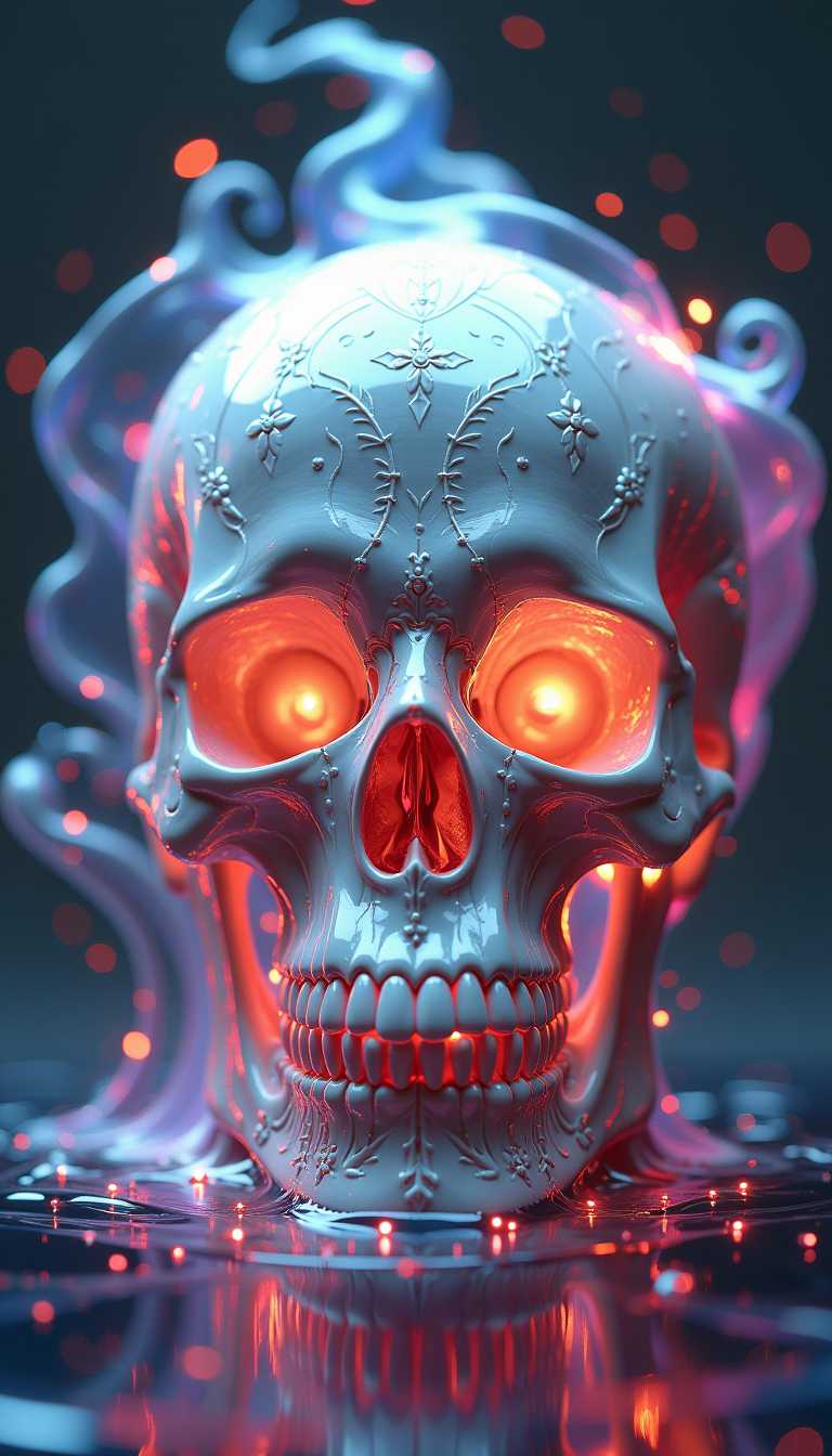 Ultra-detailed 3D skull, crafted in Unreal Engine 5, presented in stunning 8K HDR. This skull embodies an ethereal presence, radiating a haunting beauty as it appears to float within a liquid abstract art composition. Its porcelain surface glistens with intricate patterns that ripple like liquid, evoking a sense of otherworldly elegance. The skull is adorned with luminescent runes that pulse softly, echoing the enchanting power of the fantasy cinematic theme. Surrounding the skull, swirling currents of vibrant colors blend seamlessly, creating an immersive backdrop that captures the viewer's imagination. The art style merges the dynamic essence of fluid motion with the intricate detailing of porcelain craftsmanship, showcasing the delicate interplay of light and shadow as the colors dance around the ethereal form.