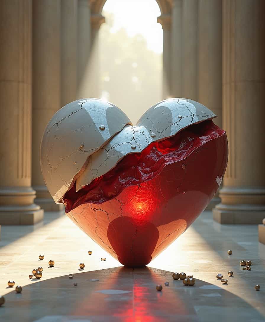 Create an abstract sculpture of a heart, positioned centrally within an expansive palace hall. The heart will be segmented into three distinct sections, each divided horizontally with deliberate gaps to enhance its abstract nature. The top section will embody a mechanical aesthetic, made of a blend of water droplets, opal, and marble, suggesting both fragility and the fluidity of machinery. The middle section will feature a textured surface reminiscent of dampened stone, reflecting the melding influence of the upper layer, while incorporating elements that evoke the intricate workings of gears and cogs. The bottom section will radiate a vibrant, lively red, crafted from a porcelain blend, symbolizing the heart's transformation from liquid to solid and finally into a dynamic, pulsating entity. Surround this sculpture with towering columns that frame the space, and a bright, blurred altar in the background, where rays of sunlight filter through, illuminating the scene. Scatter metal components in the foreground to add a touch of elegance and contrast to the sculpture's raw forms, enhancing the overall composition with a sense of movement and life.