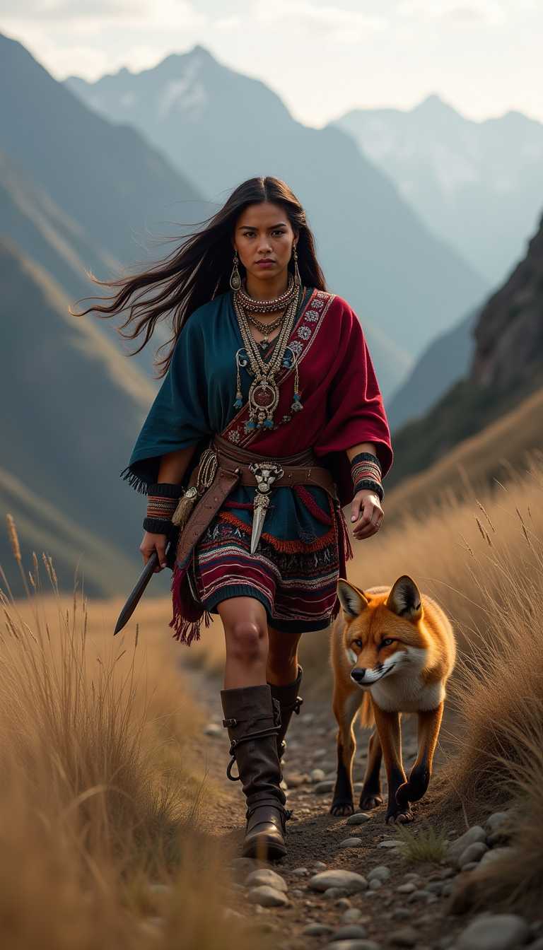 A bold Chilean warrior woman walks through the rugged Andes mountains, her long dark hair flowing in the cold mountain wind. She wears a mix of Mapuche tribal armor and a poncho with intricate indigenous patterns. A silver dagger hangs from her belt, while her strong, determined eyes reflect the fierce spirit of her people. A sleek Andean fox follows at her side, its thick fur protecting it from the high-altitude chill. The background features towering peaks and deep valleys bathed in the golden glow of the setting sun, evoking the untamed beauty of Chile’s landscape.