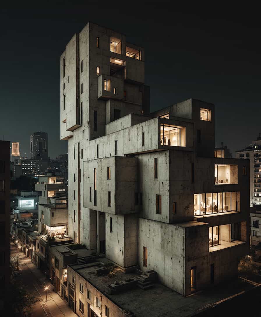 A complex of buildings in brutalist style, with raw concrete facades, bold and massive geometries, located in a densely populated urban context. The lighting should emphasize the imposing nature of the structures