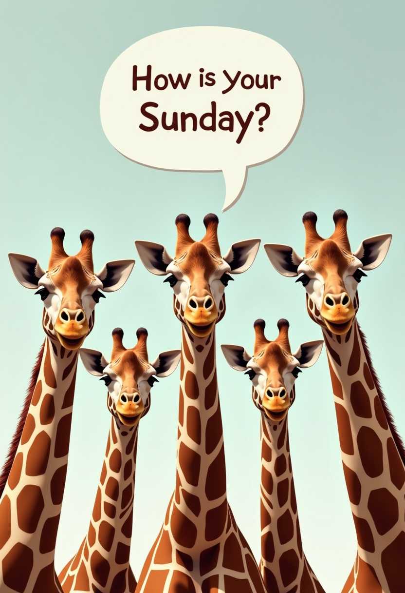 realistic close-up of the heads of 5 giraffes, looking down straight to the camera, with a speech bubble  saying "How is your Sunday?"