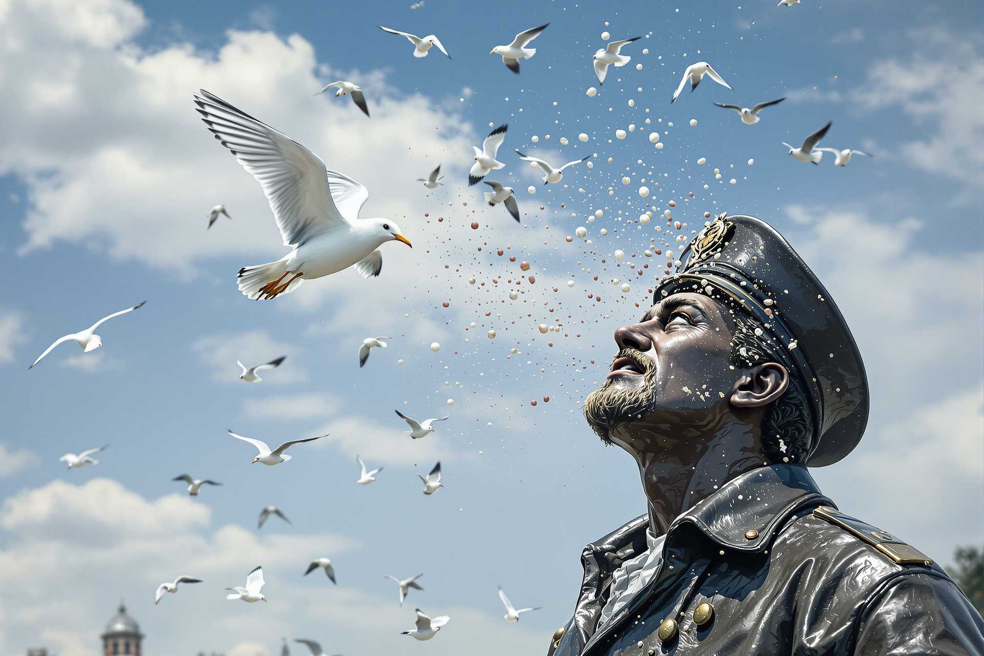  Imágenes inspiradas por Huang Yong Hong. Muchas gracias.
Prompt.-
Fotografía, hiperrealista, sin rastro de ruido digital,  de una estatua de bronce, solemne e histórica, de un marinero que levantó su mirada al cielo, mostrando una expresión sorprendida e indefensa. Una gaviota patiamarilla (Larus michahellis) se paró, deyectando excrementos líquidos, blandos, grises y blancos sobre la gorra, cabeza y hombros de la estatua. Destaca el humor e ironía del momento. Al fondo, un muelle pesquero con varios barcos de pesca. Gaviotas volando en el cielo.
