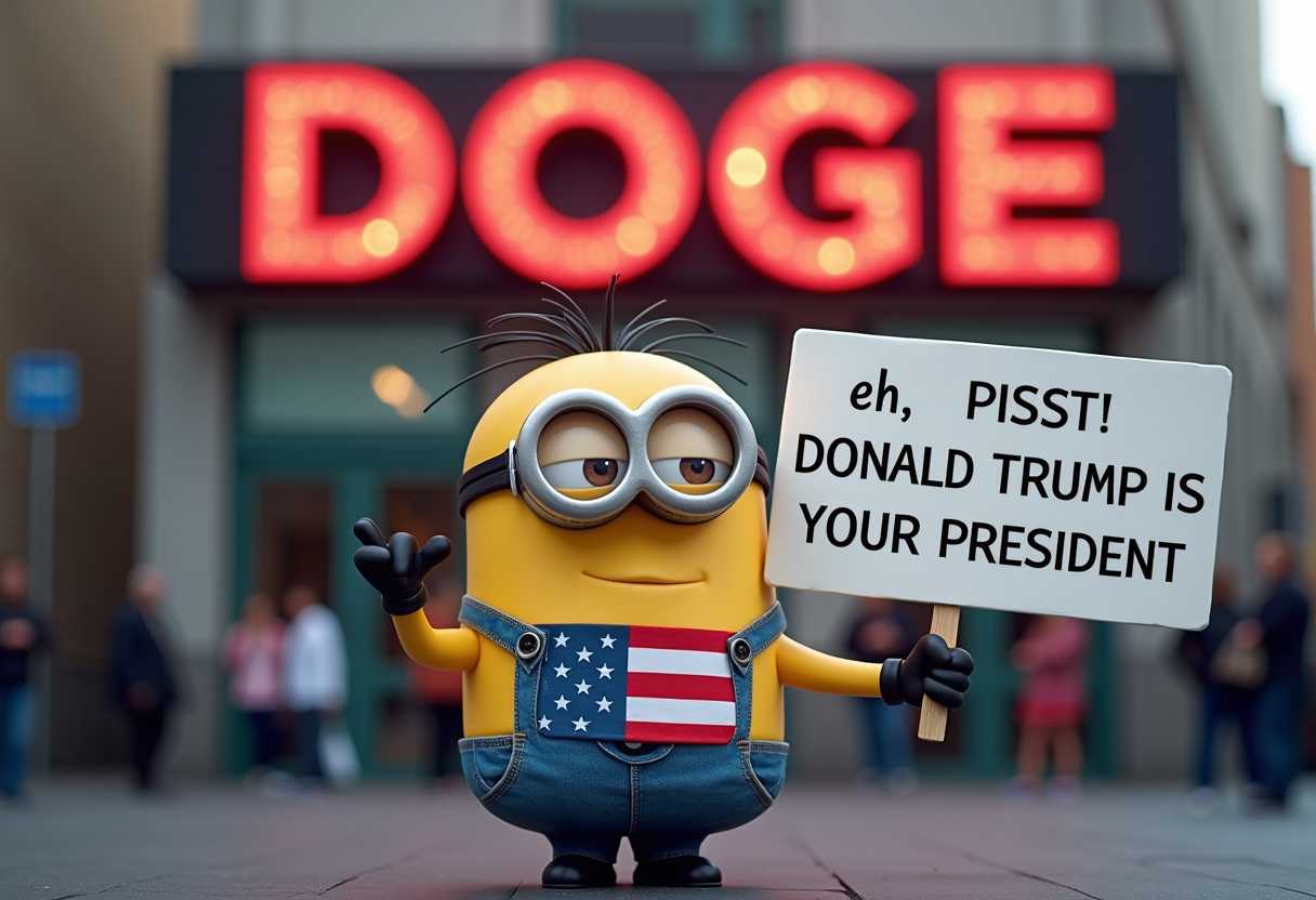 Create a minion wearing the US flag shirt, holding a huge white board above his heard that reads "eh, PISSST! DONALD TRUMP IS YOUR PRESIDENT"

Background a building with a huge sign that reads DOGE in neon red
