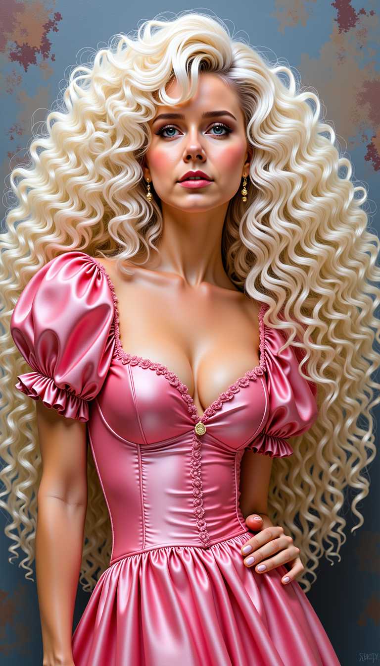 MO-LoRa-Multi, MOpure12I, MO-LoRa-Pixie, full body view, The woman wears a beautiful pink dress with puff sleeves, the has a long white blonde permed curly hairstyle like the 1980s, a Artgerm masterpiece painting