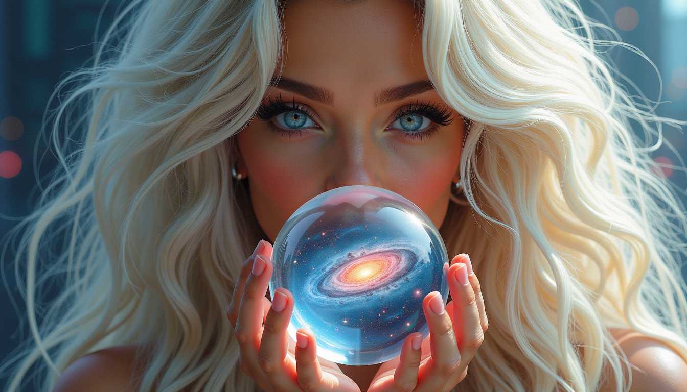 Modern beauty echoing white blonde Kahlan Murphy, Artgerm and Rubens inspired brushstrokes, Cybercity backdrop embodying hypermodern atmosphere, galaxy encapsulated in transparent glass sphere cradled in hands, detailed large eyes peering into infinity, long curly tresses reminiscent of 80s fashion, harmoniously situated in a theorized Macroworld reflecting Microcosm, fantastic perspective enhancing deep connection between
