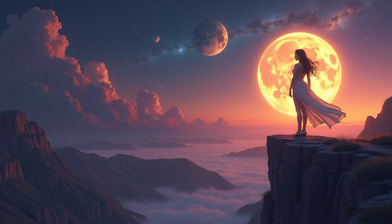 Woman with the regality of She-Ra posed atop a cliff, twilight ambiance imbuing mystery, wonder, Artgerm meets Rubens in painting style, celestial bodies Planets, Stars enhance enchantment, CGSociety, ArtStation trend, utilizing golden ratio, complex rendering, ultra fine details, octane rendering.

